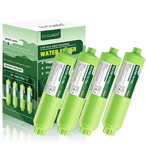 RVGUARD Filtro de agua en línea para vehículos recreativos, certificado NSF, reduce los olores, el mal sabor, el óxido, el cloro, ideal para vehículos recreativos y uso marino, paquete de 4