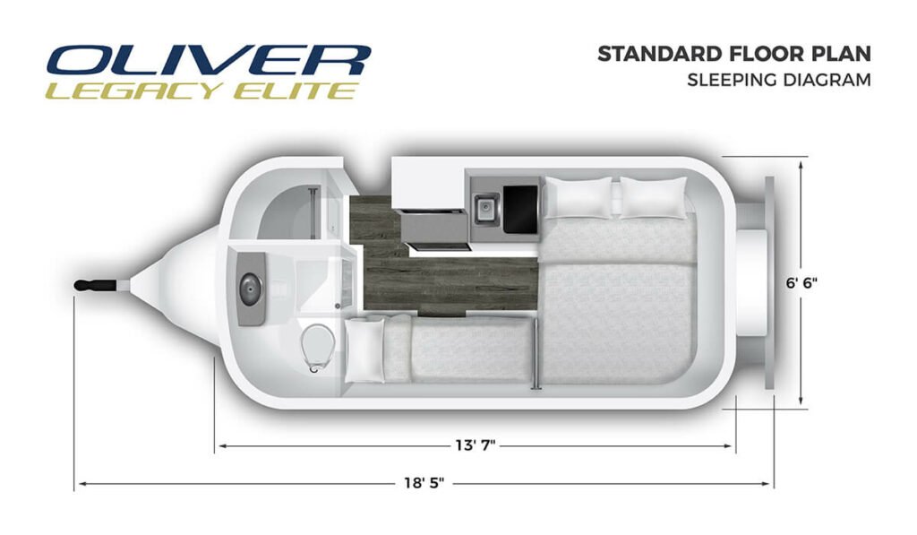 El mapa del remolque de viaje Oliver Legacy Elite configurado para dormir.