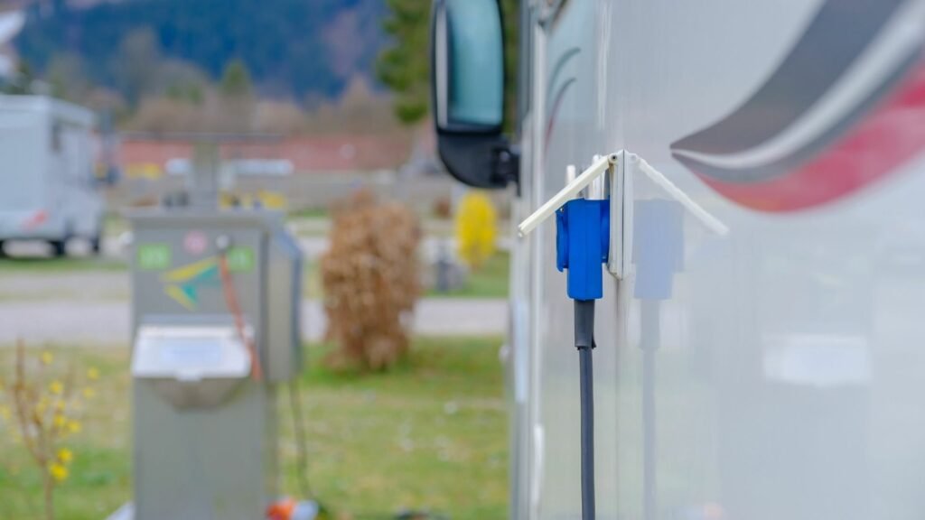 Una autocaravana conectada a una caja eléctrica en el camping con un cable de alimentación.
