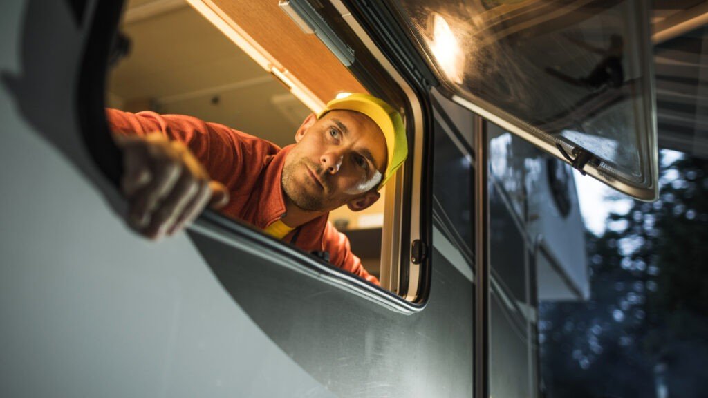 Un hombre en medio de reemplazar la ventana de su caravana